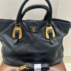 ***SOLD*** Authentic Prada Two-Way Black Leather Tote with Gold Accents & Logo